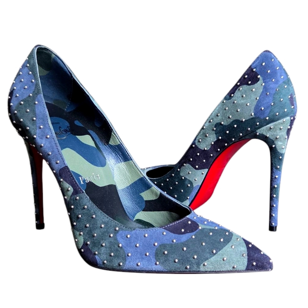 !SOLD! Christian Louboutin Kate Plume 100 Camo Studded Suede Pumps 36 - Picture 1 of 16